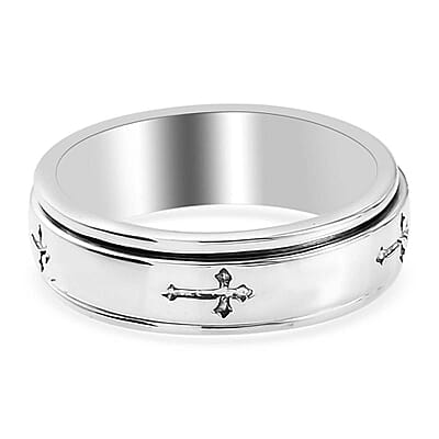 Cross Engraved Spinner Ring in Sterling Silver, Anxiety Ring for Women, Fidget Rings for Anxiety for Women, Stress Relieving Anxiety Ring, Promise Rings (Size 6.0) (4.75 g)
