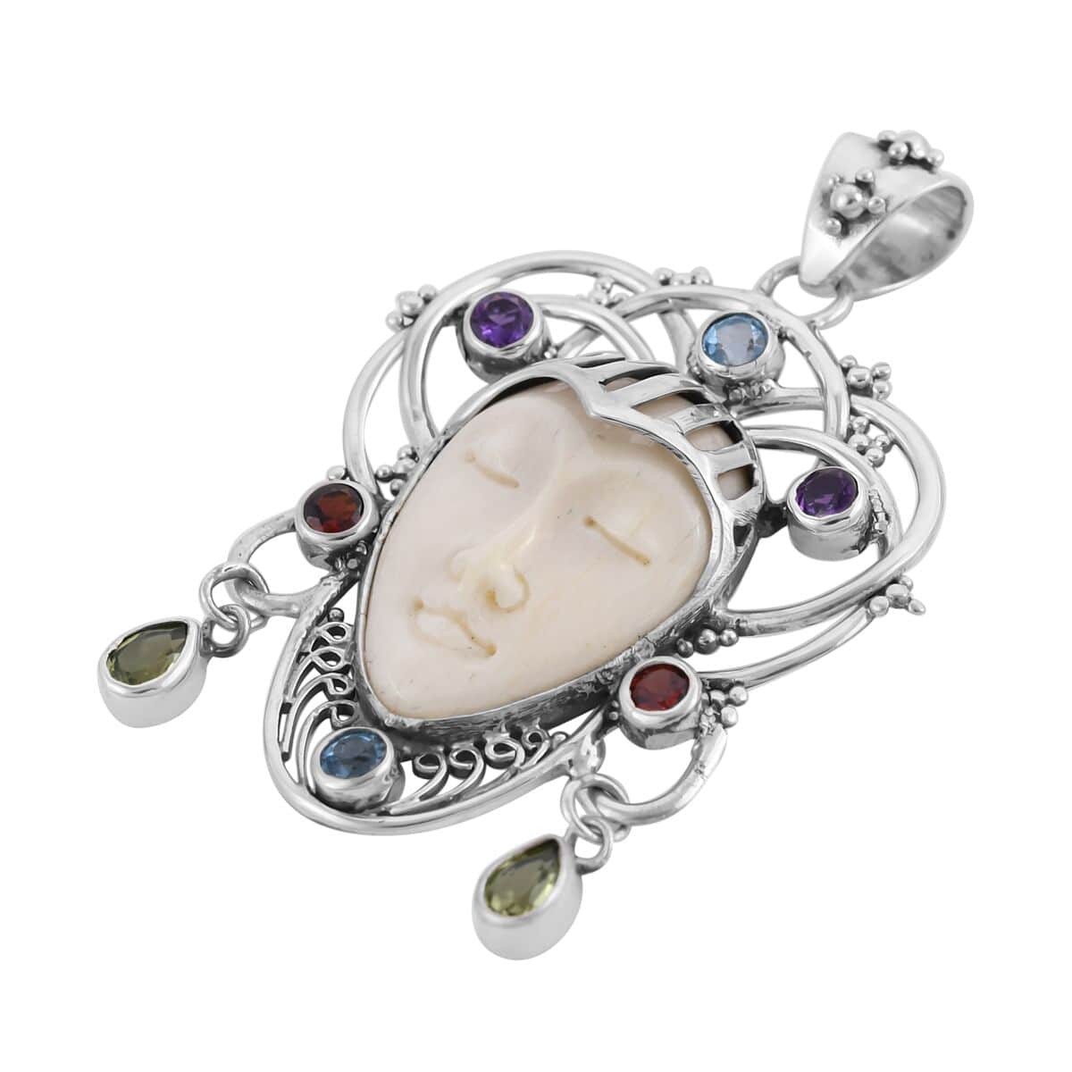 Buy Bali Goddess Carved Bone And Multi Gemstone Pendant In Sterling ...