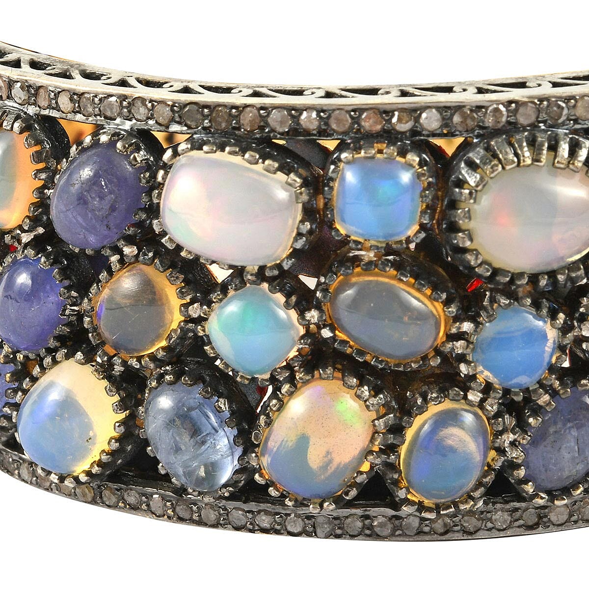 Tanzanite and Australian Opal and Diamond Bangle Bracelet in Vermeil Yellow Gold Over and Sterling Silver 7.25 Inch 12.15 ctw image number 1