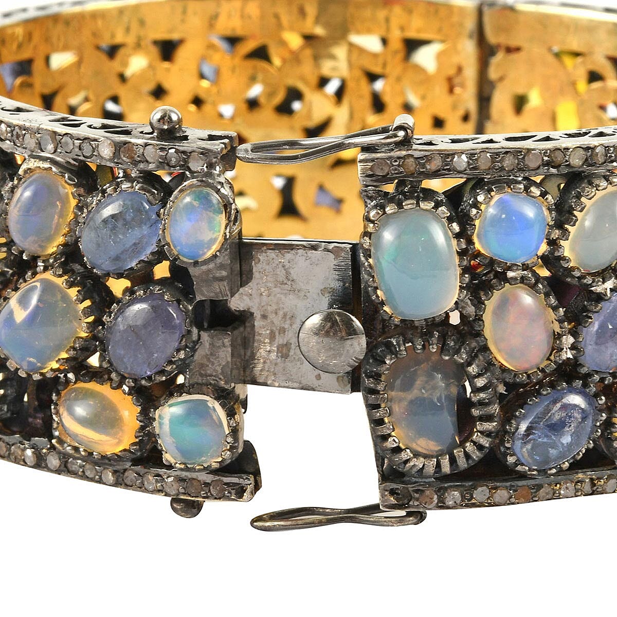 Tanzanite and Australian Opal and Diamond Bangle Bracelet in Vermeil Yellow Gold Over and Sterling Silver 7.25 Inch 12.15 ctw image number 2