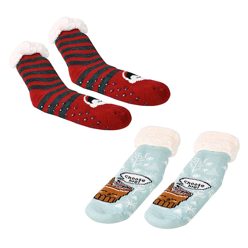 Set of 2pairs Red, Mint Acrylic & Sherpa Knitted Non-slip Socks