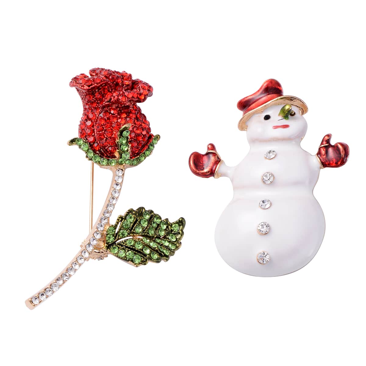 Set of 2 Multi Color Austrian Crystal Enameled Snowman and Rose Brooches or Pendants in Goldtone image number 0