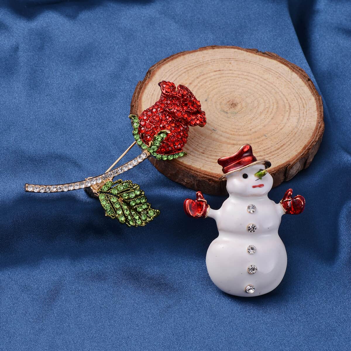 Set of 2 Multi Color Austrian Crystal Enameled Snowman and Rose Brooches or Pendants in Goldtone image number 1