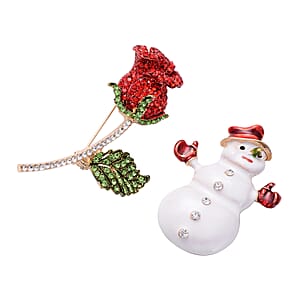 Set of 2 Multi Color Austrian Crystal Enameled Snowman and Rose Brooches or Pendants in Goldtone