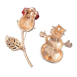 Set of 2 Multi Color Austrian Crystal Enameled Snowman and Rose Brooches or Pendants in Goldtone