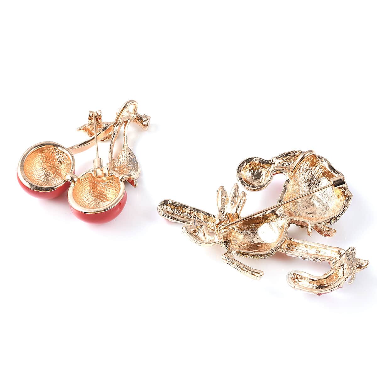 Set of 2 Multi Color Austrian Crystal Enameled Cherry and Duck Brooches or Pendants in Goldtone image number 5
