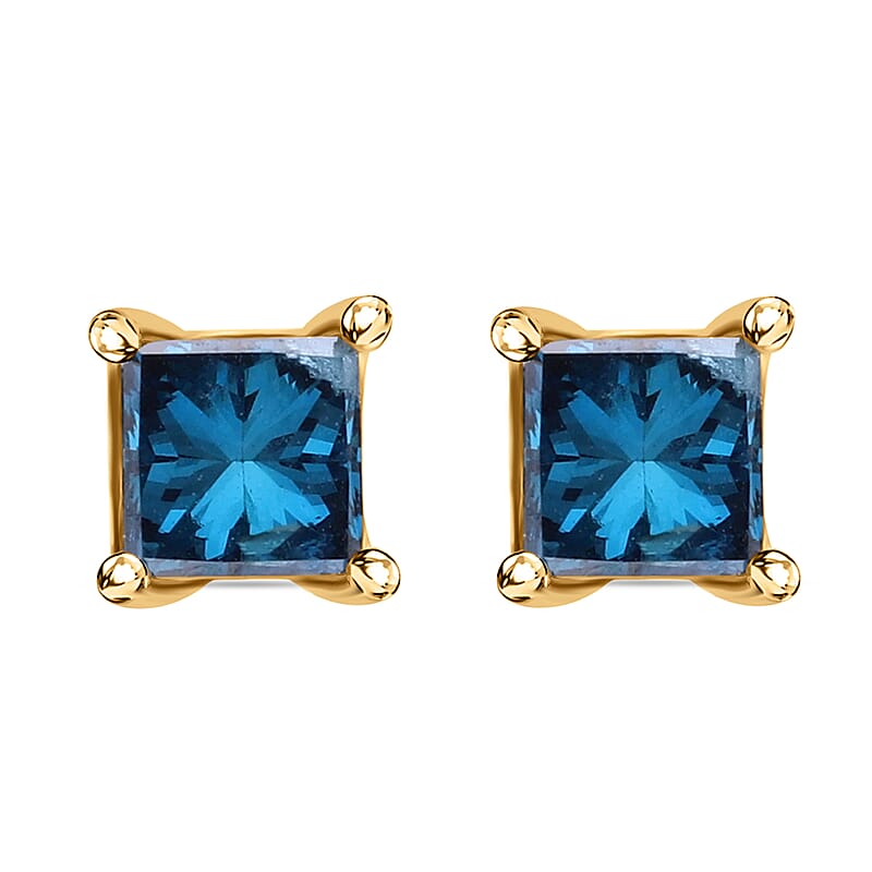 14K Yellow Gold Blue Diamond (IR) Square Stud Earrings 0.65 ctw