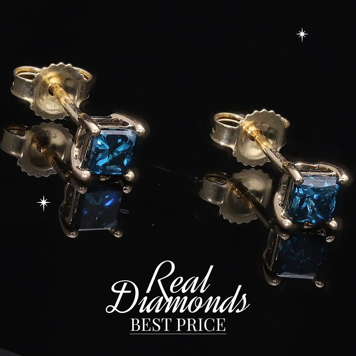 14K Yellow Gold Blue Diamond (IR) Square Stud Earrings 0.65 ctw image number 1