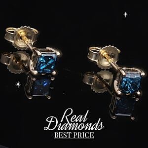 14K Yellow Gold Blue Diamond (IR) Square Stud Earrings 0.65 ctw
