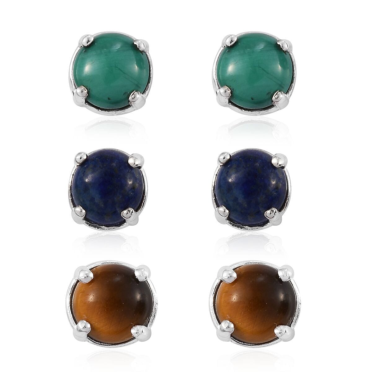 Set of 3 Lapis Lazuli, Tiger's Eye and African Malachite Stud Earrings in Sterling Silver 6.50 ctw
