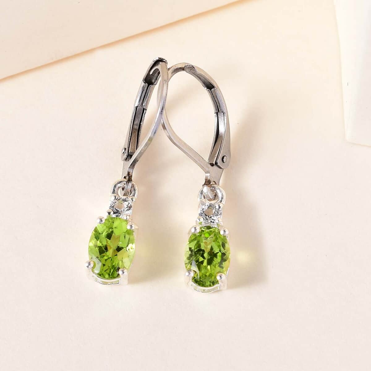 Peridot and White Topaz Lever Back Earrings in Sterling Silver 1.75 ctw image number 3