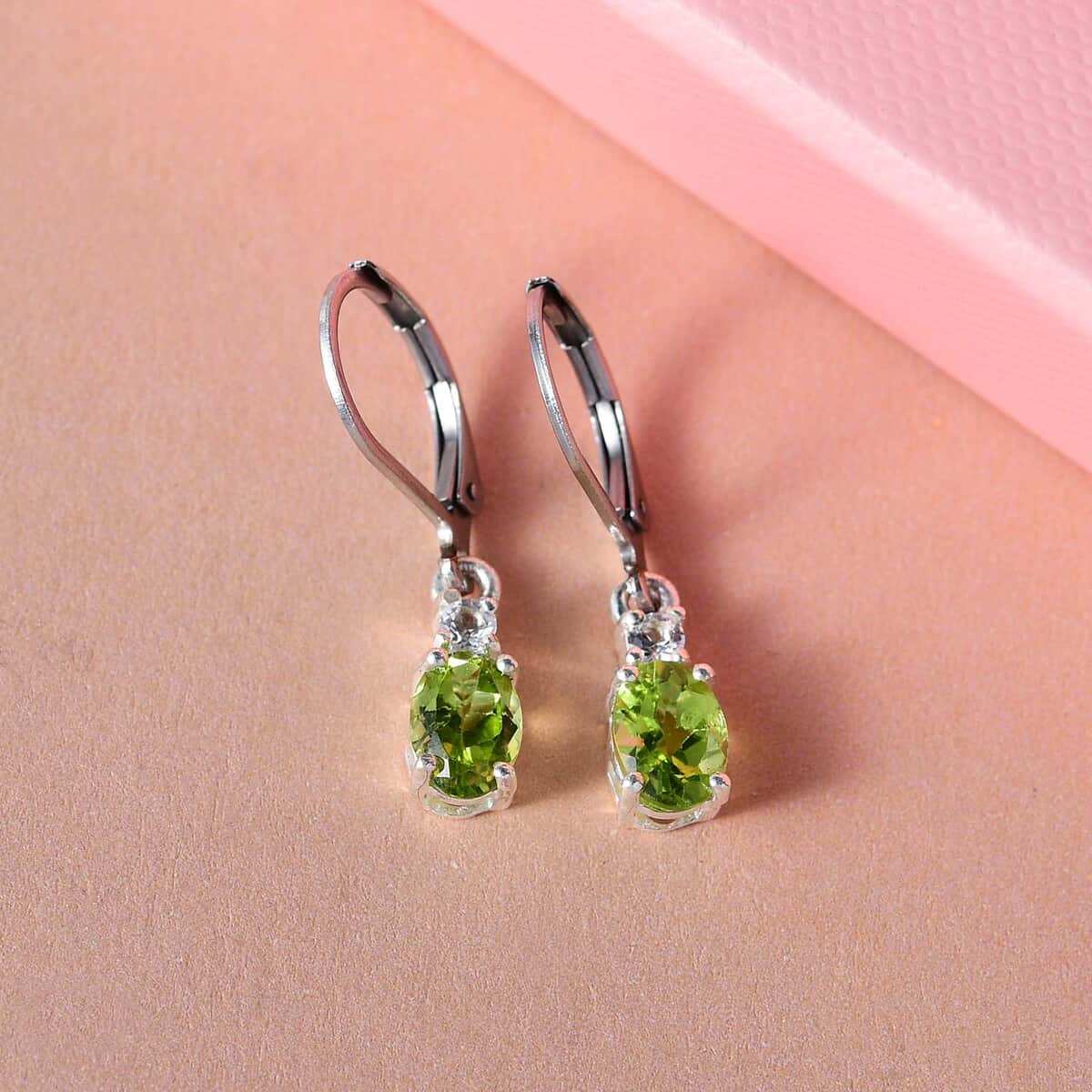 Peridot and White Topaz Lever Back Earrings in Sterling Silver 1.75 ctw image number 4