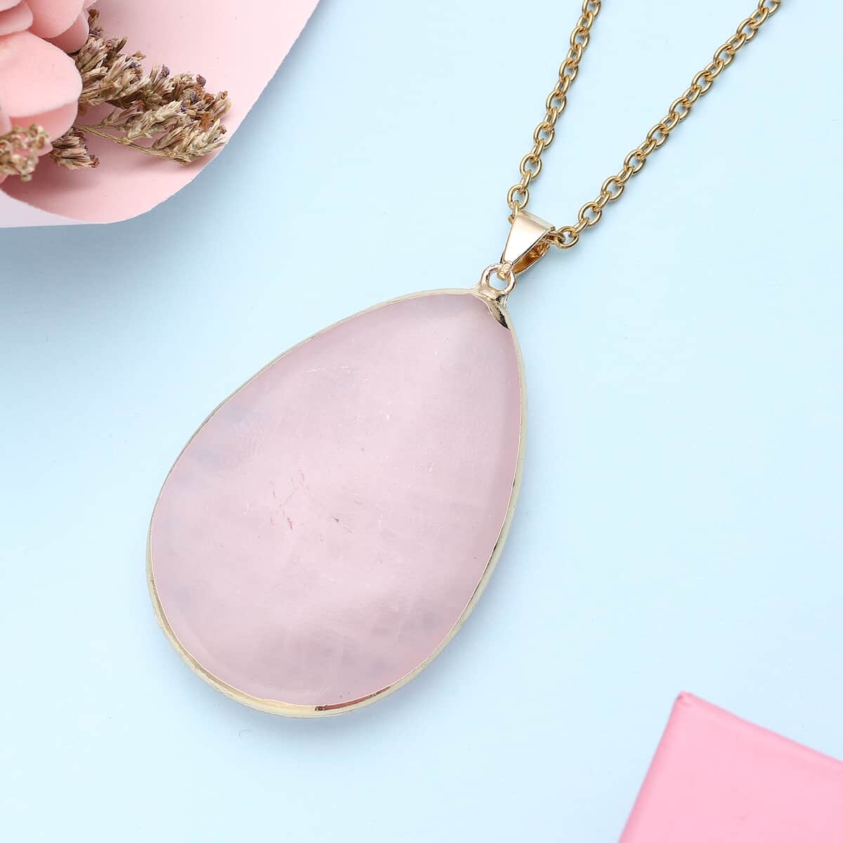 Galilea Rose Quartz Pendant Necklace 24 Inches in ION Plated Yellow Gold Stainless Steel 90.00 ctw image number 1