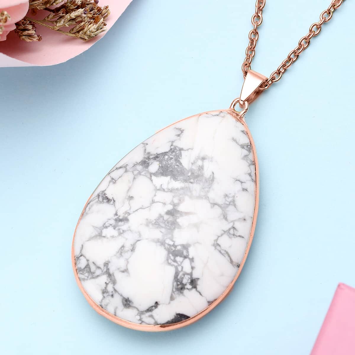 White Howlite Pendant Necklace 24 Inches in ION Plated Yellow Gold Stainless Steel 90.00 ctw image number 1