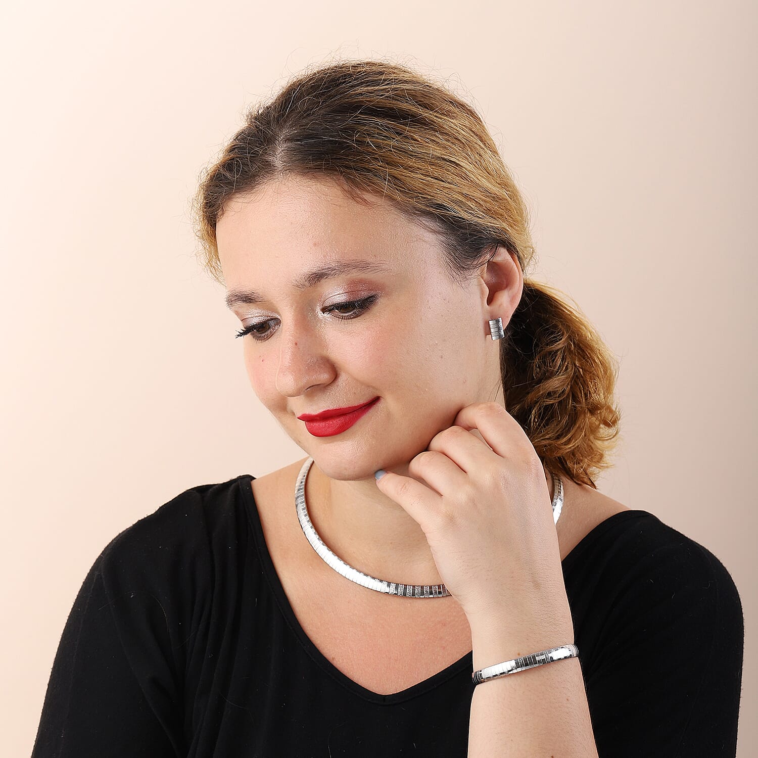 Set of 3 Omega Sand Blast Texture Necklace (18.00 Inches), Bracelet (7.50In) and Earrings in Stainless Steel 32.20 g