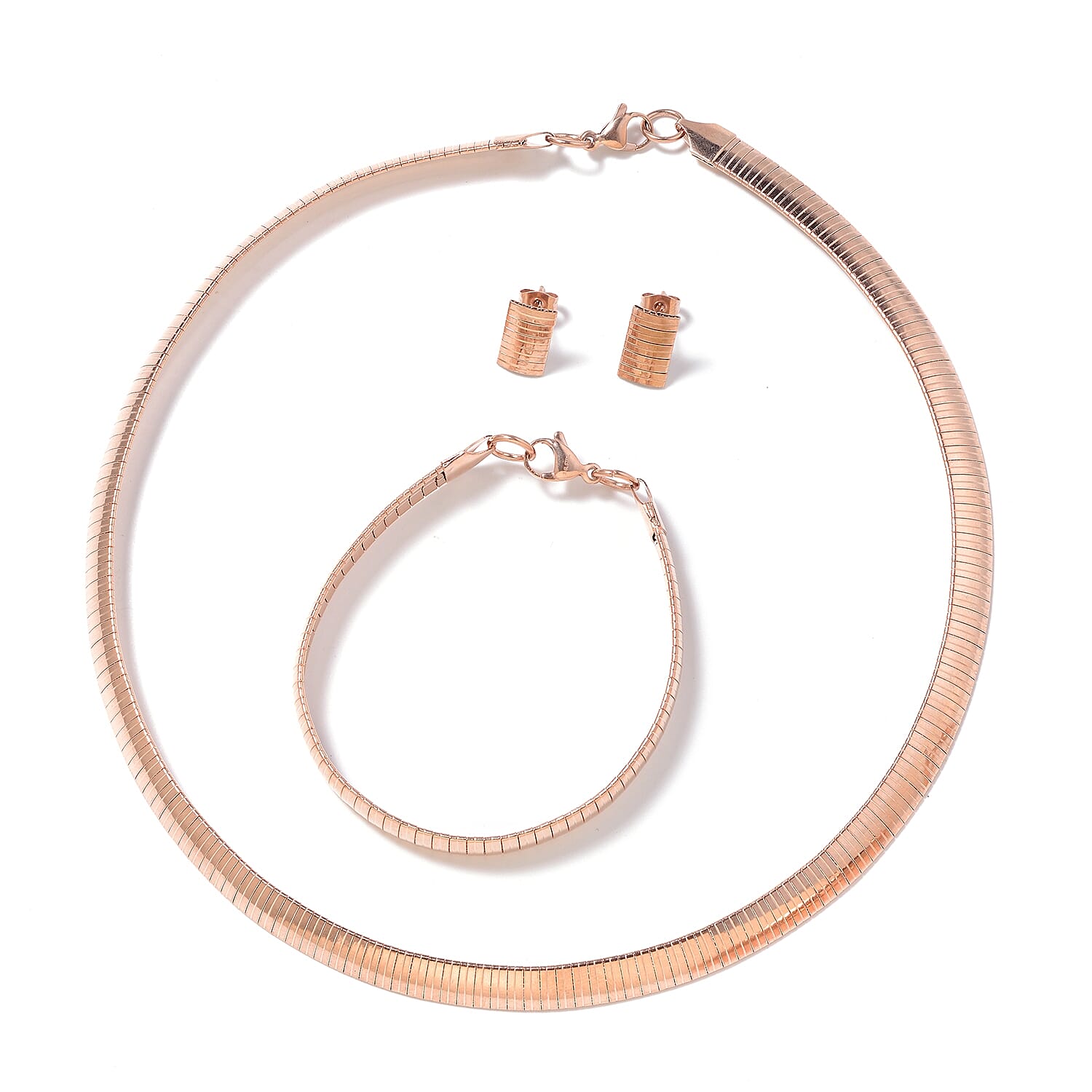 Set of 3 Omega Necklace (18.00 Inches), Bracelet (7.50 In) and Omega Clip Earrings in ION Plated RG Stainless Steel 32.20 Grams