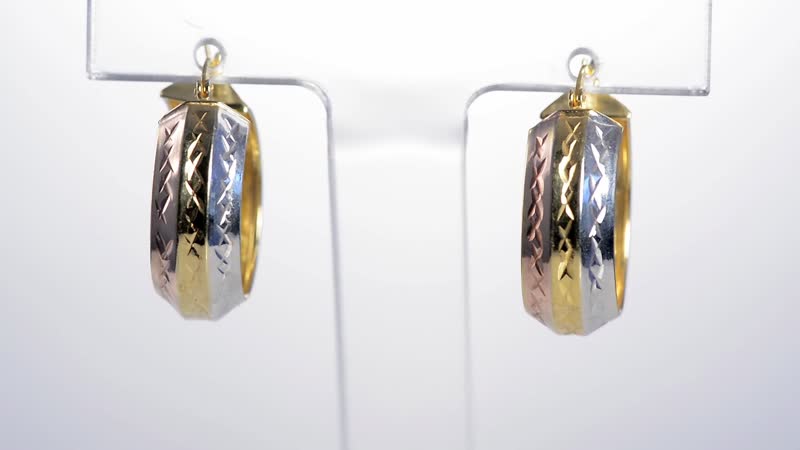 14K Yellow Rose Gold and Platinum Over Sterling Silver Diamond Cut Hoop Earrings 4 Grams