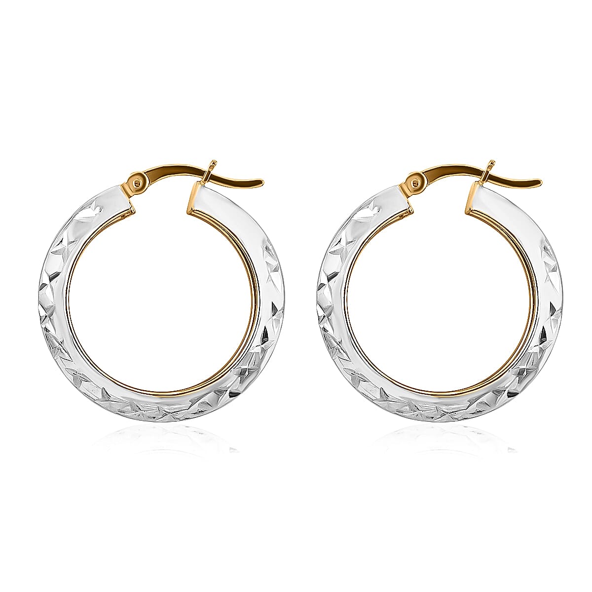 14K Yellow Rose Gold and Platinum Over Sterling Silver Diamond Cut Hoop Earrings 4 Grams