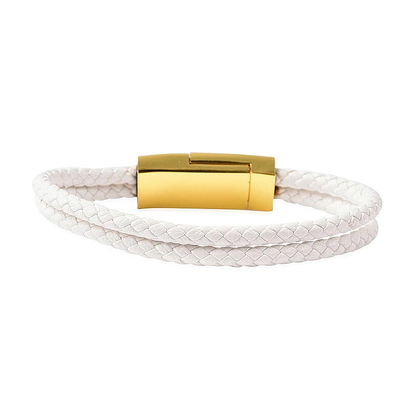2 in 1 White Faux Leather Bracelet and USB Android Charger in Goldtone (7.50 In)