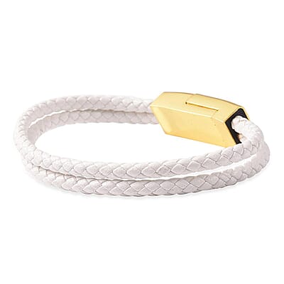 2 in 1 White Faux Leather Bracelet and USB Android Charger in Goldtone (7.50 In)