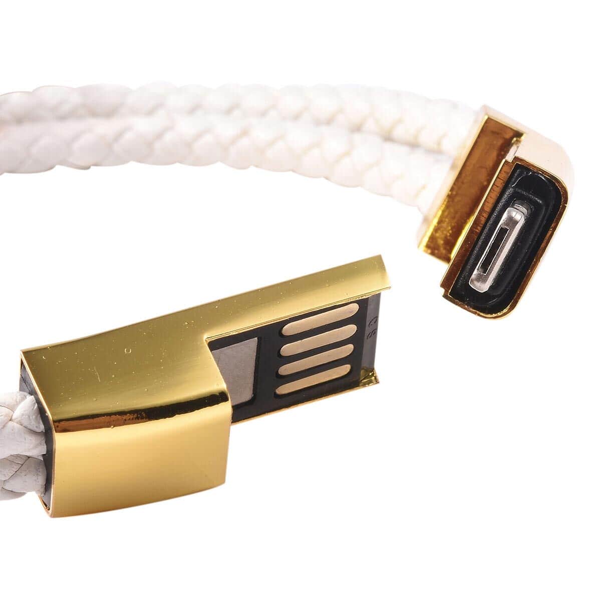 2 in 1 White Faux Leather Bracelet and USB Android Charger in Goldtone (7.50 In) image number 3