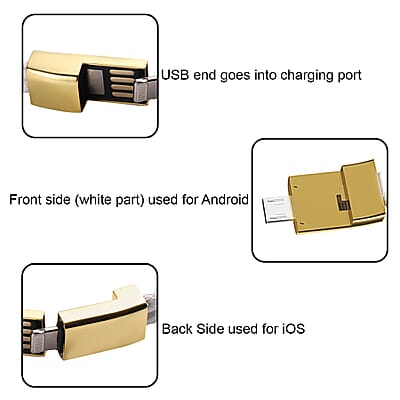 2 in 1 White Faux Leather Bracelet and USB Android Charger in Goldtone (7.50 In)