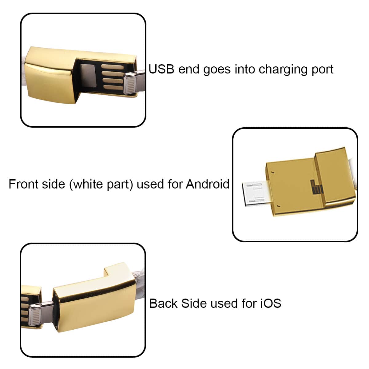 2 in 1 White Faux Leather Bracelet and USB Android Charger in Goldtone (7.50 In) image number 4