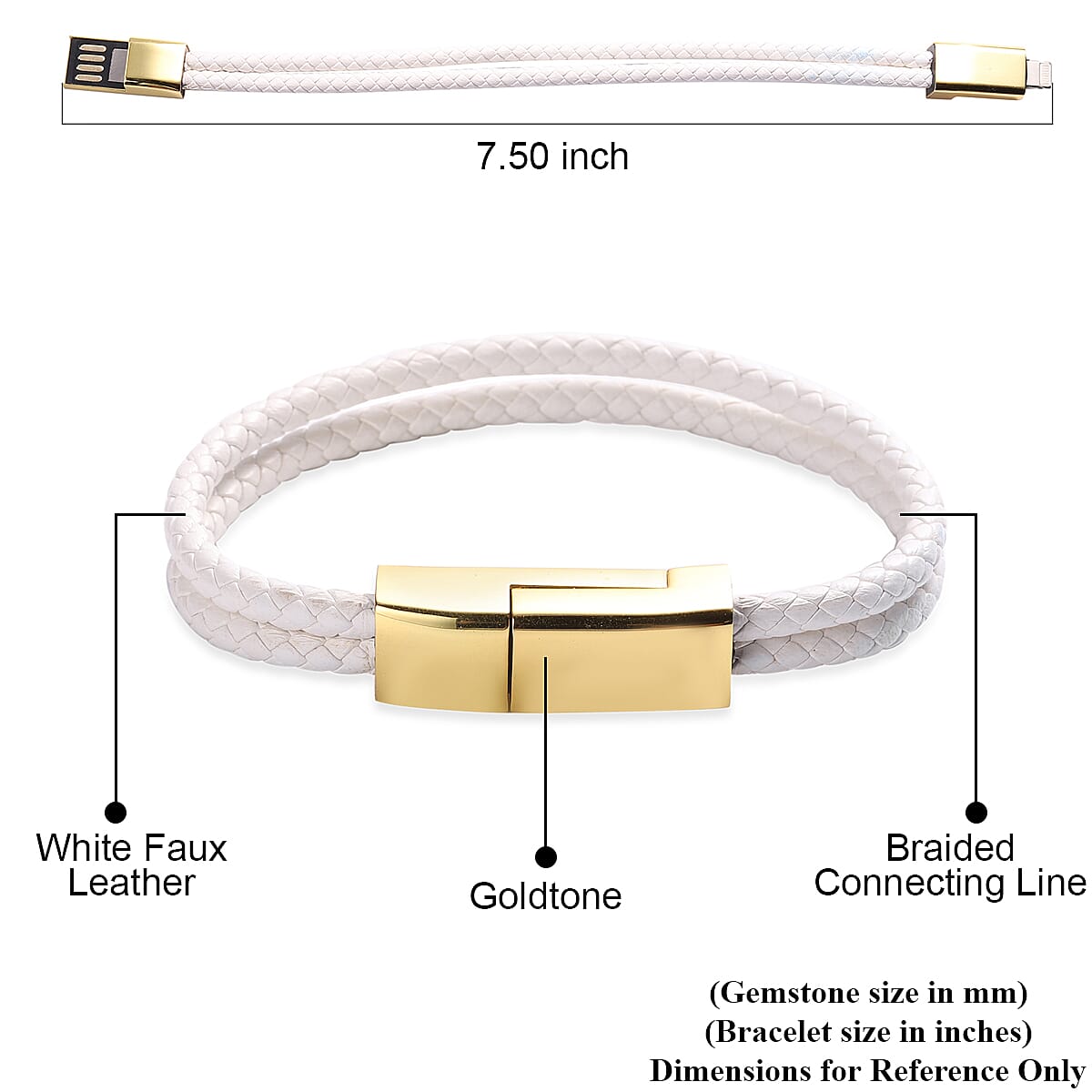 2 in 1 White Faux Leather Bracelet and USB Android Charger in Goldtone (7.50 In)
