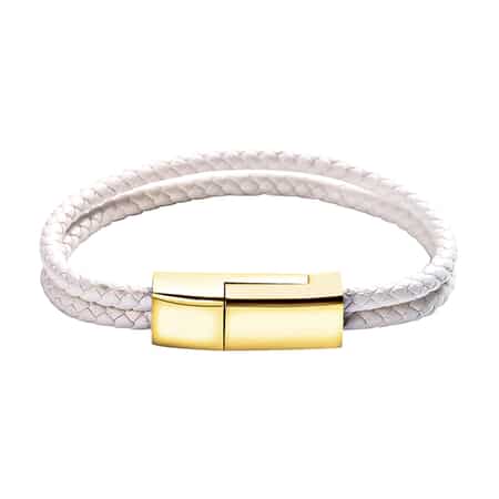2 in 1 White Faux Leather USB iOS/Android Charging Cord Bracelet in Goldtone (8.00 In) image number 0