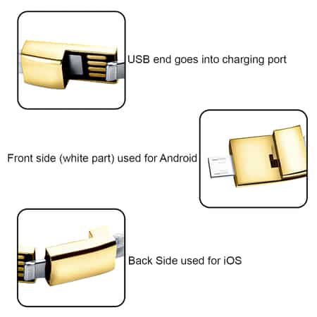 2 in 1 White Faux Leather USB iOS/Android Charging Cord Bracelet in Goldtone (8.00 In) image number 3