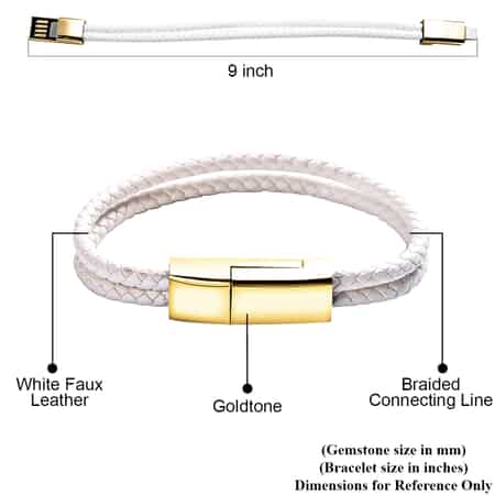 2 in 1 White Faux Leather USB iOS/Android Charging Cord Bracelet in Goldtone (8.00 In) image number 4