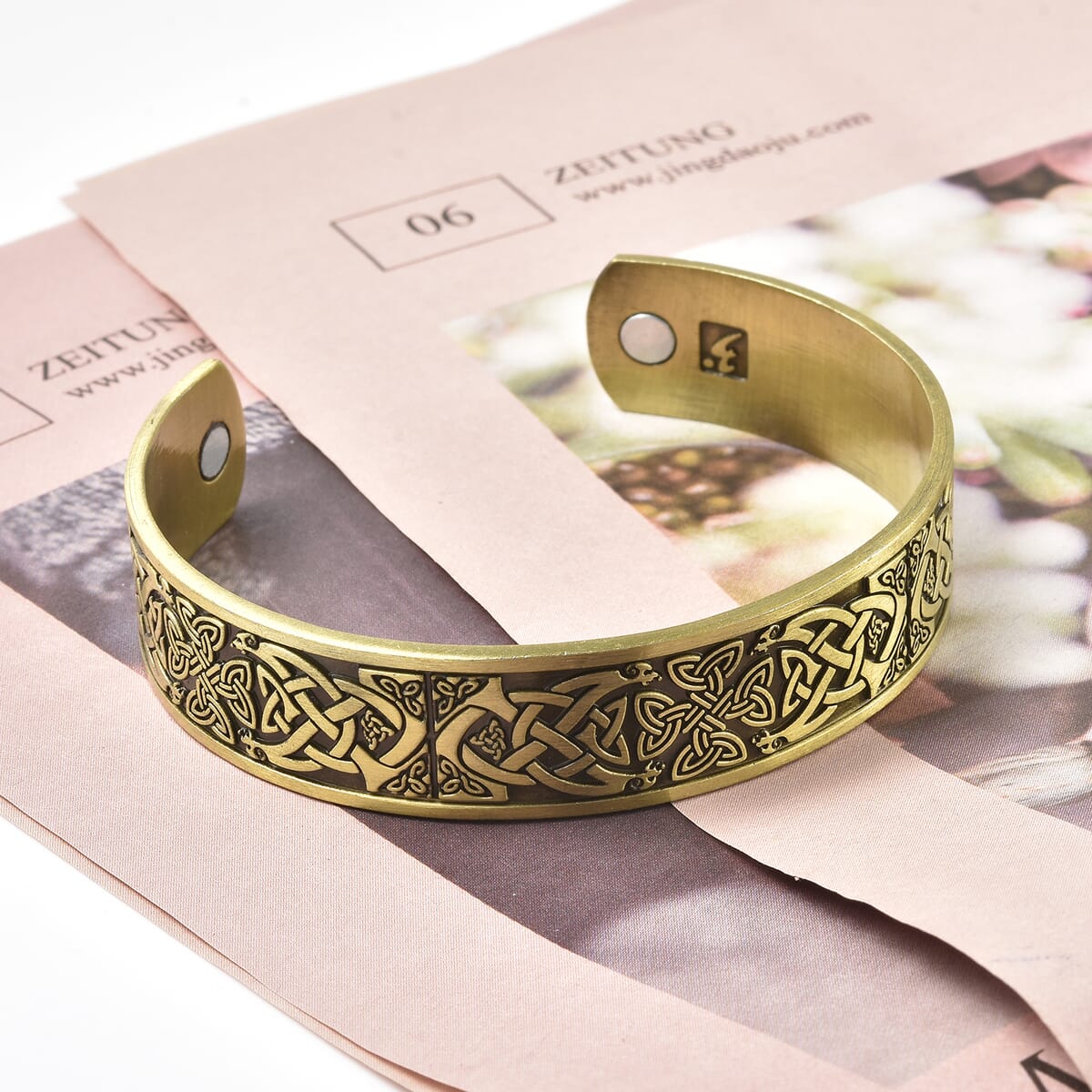Magnetic By Design Celtic Knot Cuff Bracelet in Goldtone,Antique Style Cross Design Bracelet 7 Inches image number 1