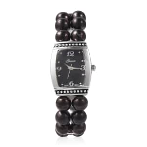 Genoa Austrian Crystal Miyota Japanese Movement Shungite Bead Stretch Bracelet Watch in Silvertone with Stainless Steel Back 196.40 ctw