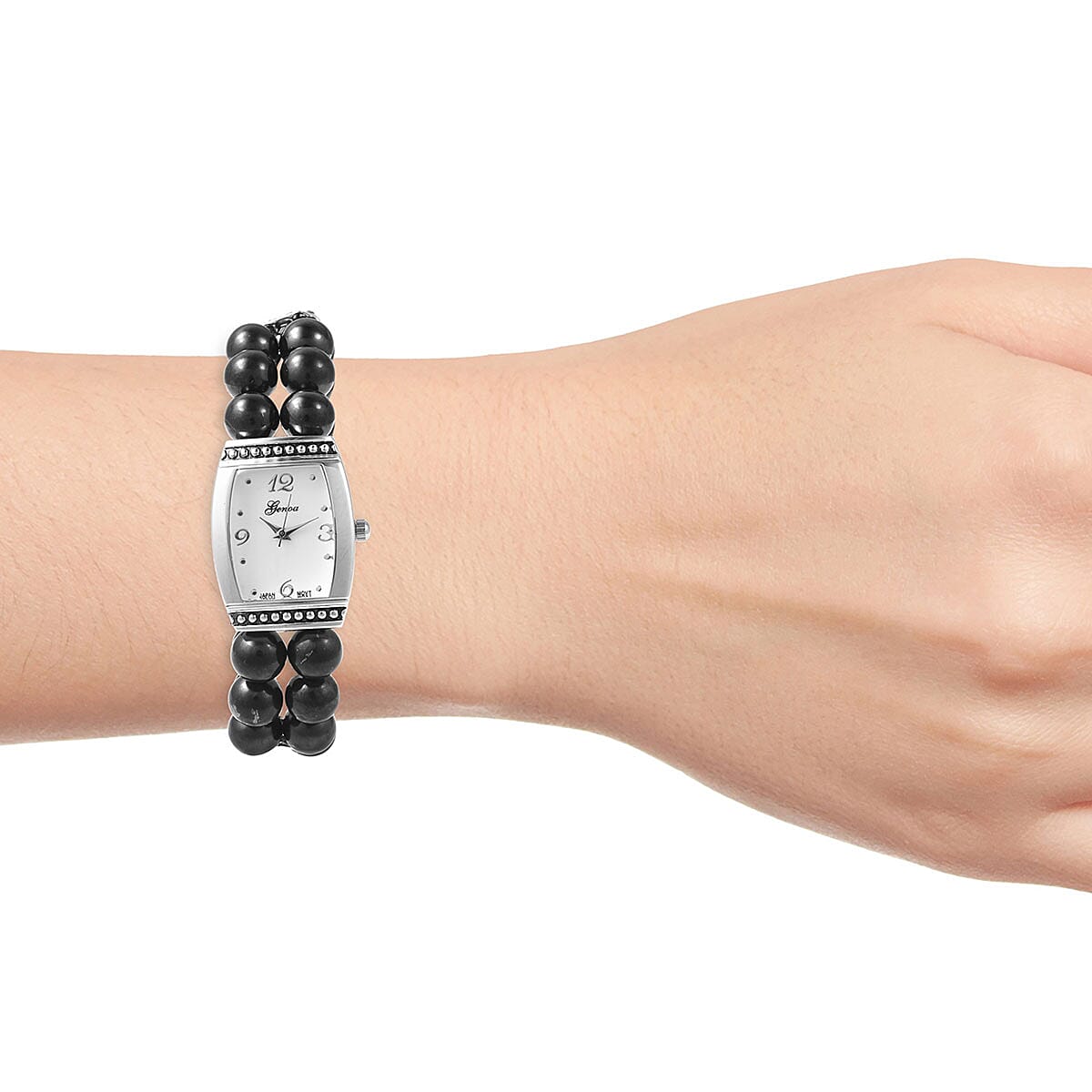 Genoa Austrian Crystal Miyota Japanese Movement Shungite Bead Stretch Bracelet Watch in Silvertone with Stainless Steel Back 200.40 ctw image number 1