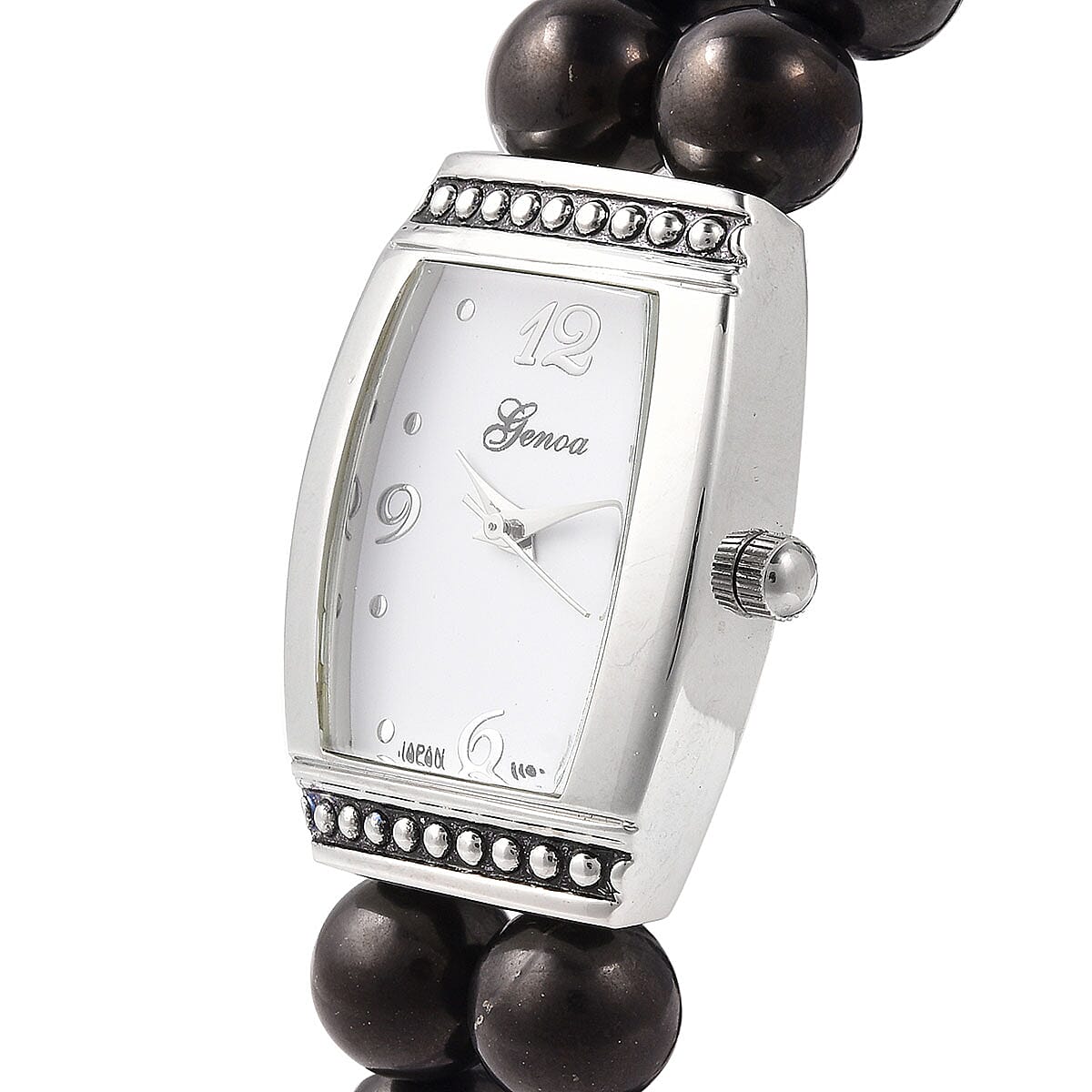 Genoa Austrian Crystal Miyota Japanese Movement Shungite Bead Stretch Bracelet Watch in Silvertone with Stainless Steel Back 200.40 ctw image number 2
