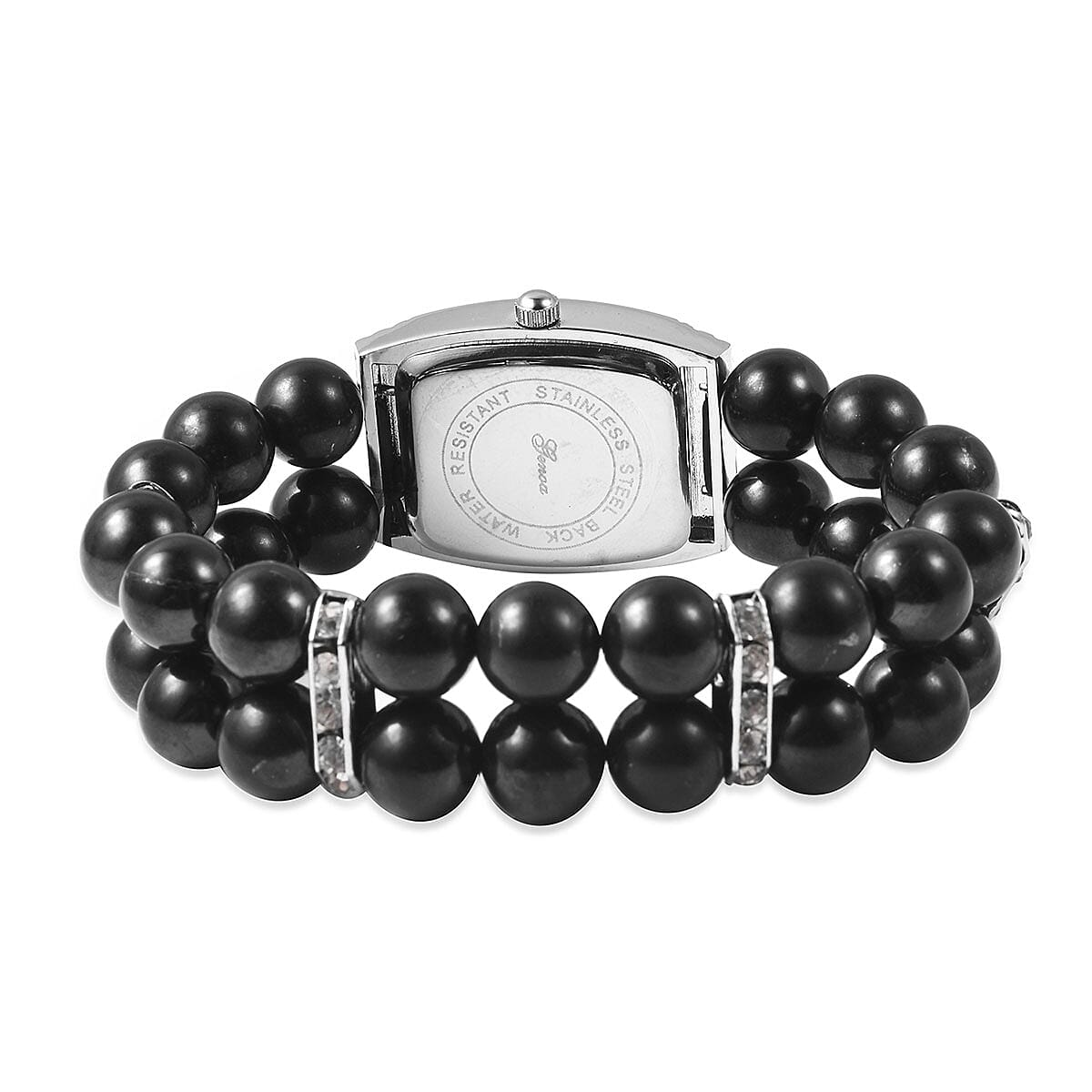 Genoa Austrian Crystal Miyota Japanese Movement Shungite Bead Stretch Bracelet Watch in Silvertone with Stainless Steel Back 200.40 ctw image number 3