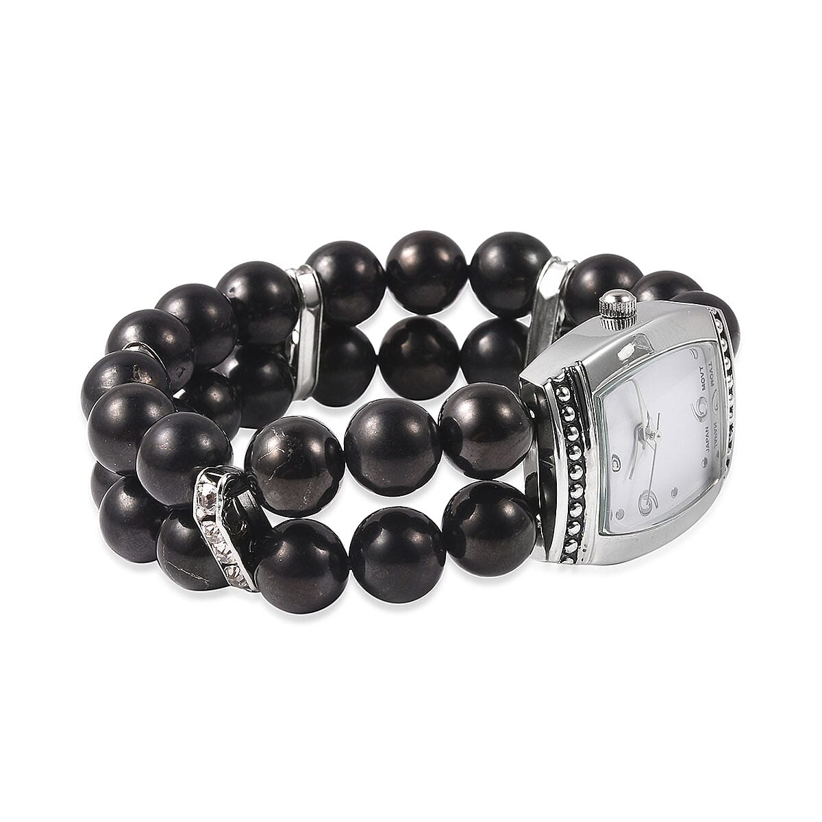 Genoa Austrian Crystal Miyota Japanese Movement Shungite Bead Stretch Bracelet Watch in Silvertone with Stainless Steel Back 200.40 ctw image number 4