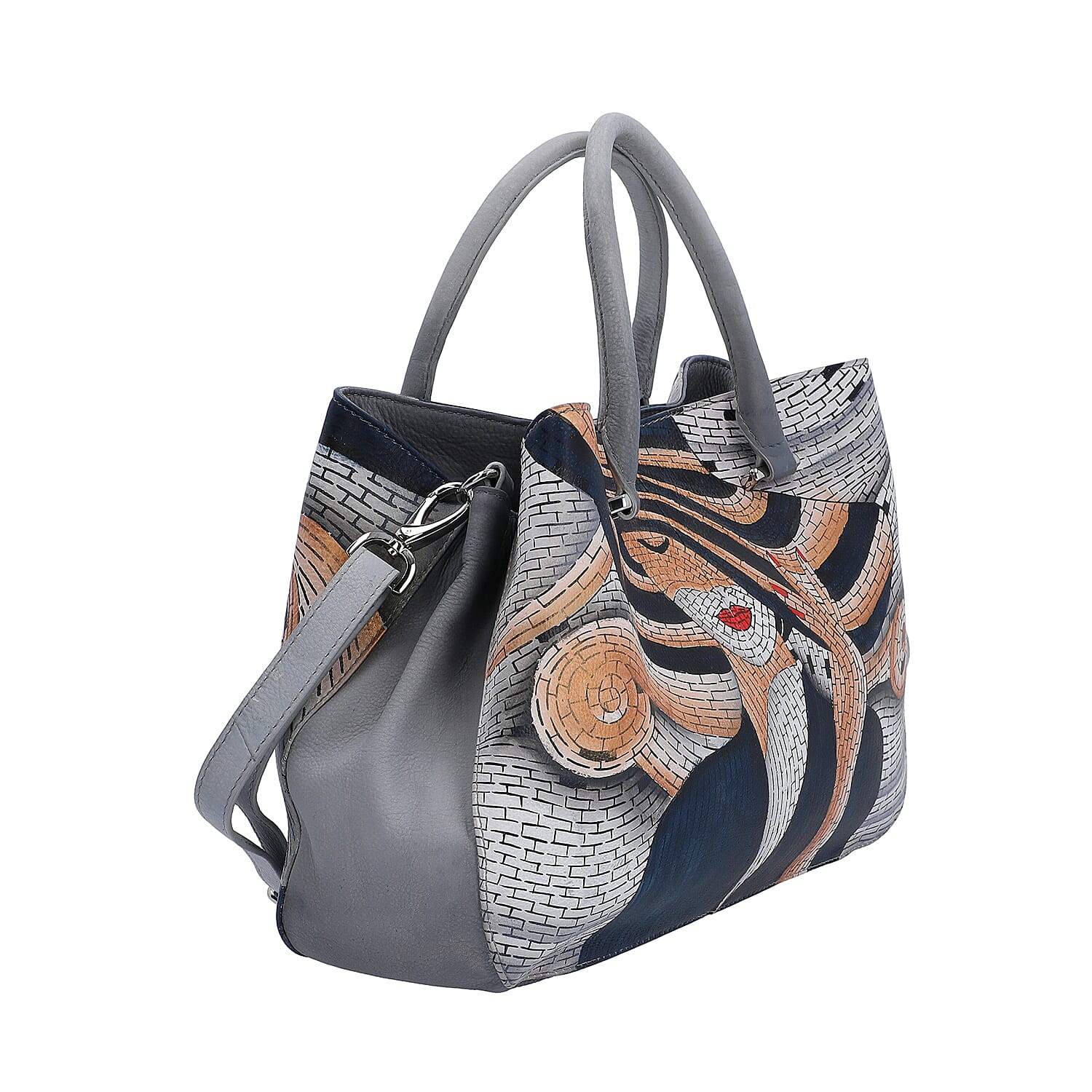 Sukriti Gray Leather Lady & Hat Hand Painted Shoulder Bag (15.5x9.6x3.5)