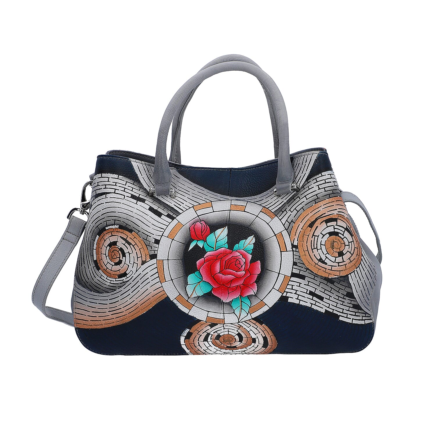 Sukriti Gray Leather Lady & Hat Hand Painted Shoulder Bag (15.5x9.6x3.5)