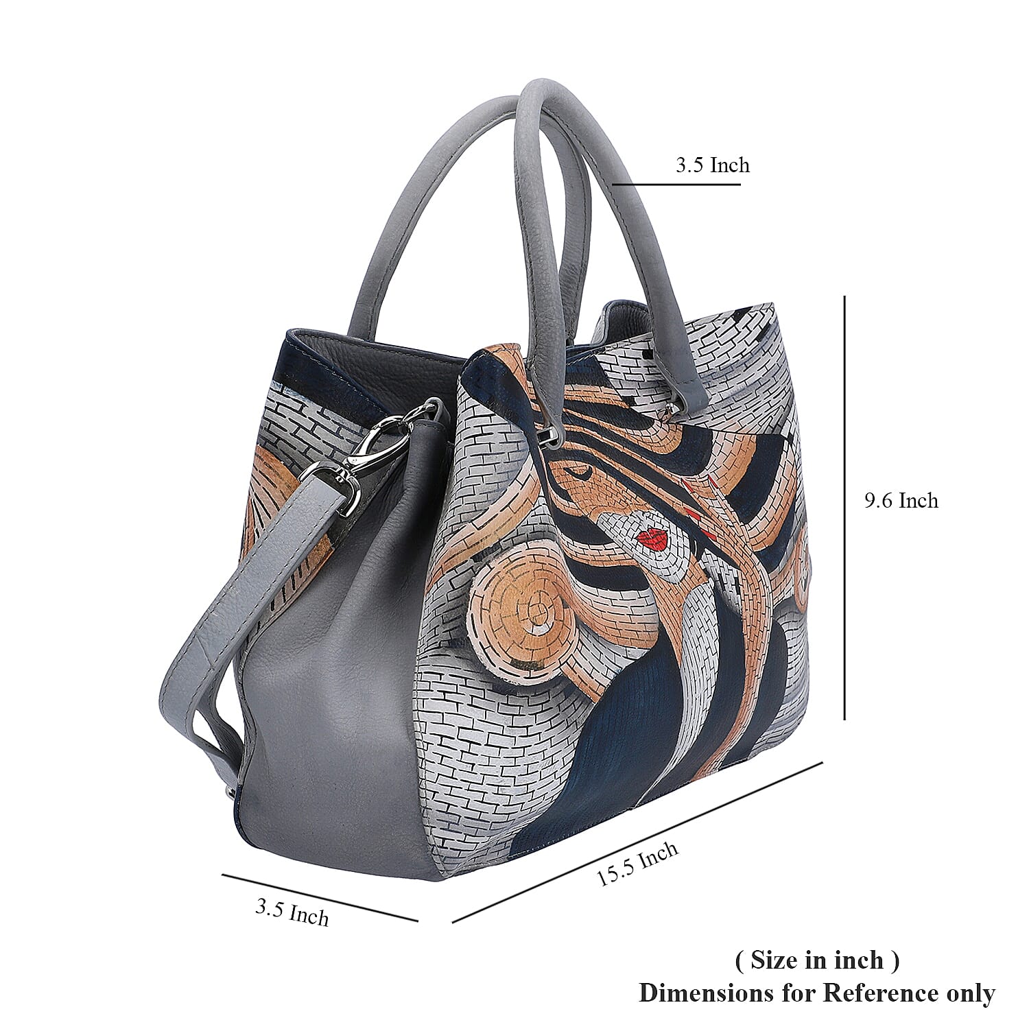 Sukriti Gray Leather Lady & Hat Hand Painted Shoulder Bag (15.5x9.6x3.5)