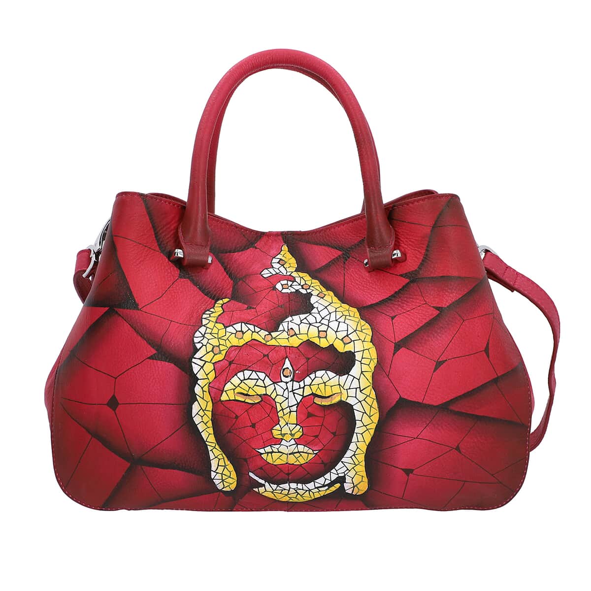 Sukriti Wine Red Leather Buddha Hand Painted Shoulder Bag (15.5x9.6x3.5) image number 0