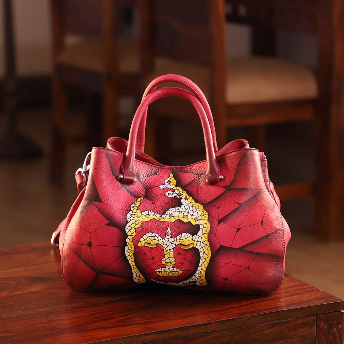 Sukriti Wine Red Leather Buddha Hand Painted Shoulder Bag (15.5x9.6x3.5) image number 1