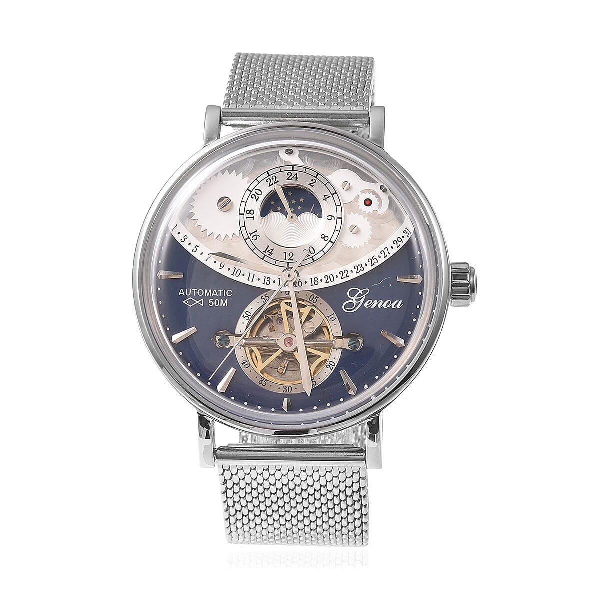 Genoa Automatic Mechanical Movement Watch in Silvertone with Stainless Steel Mesh Strap & Back