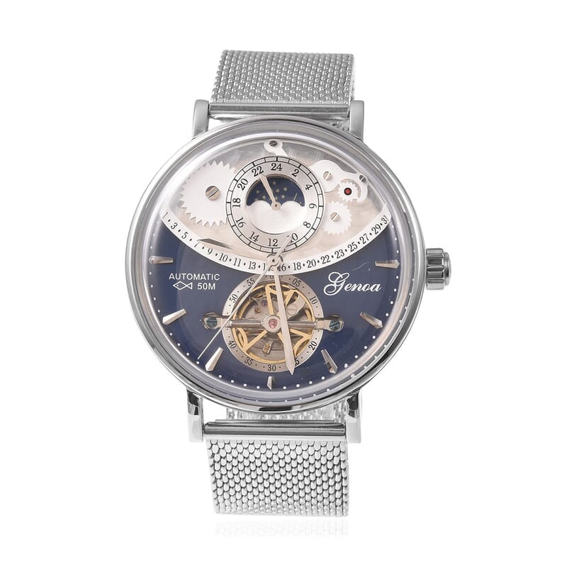 Genoa Automatic Mechanical Movement Watch in Silvertone with Stainless Steel Mesh Strap & Back