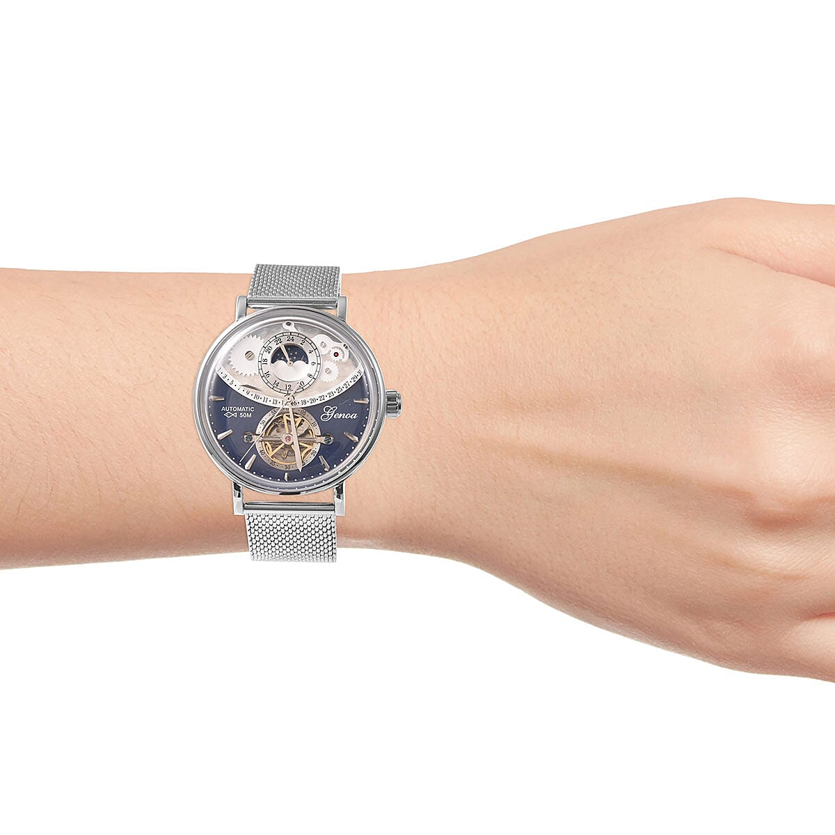 Genoa Automatic Mechanical Movement Watch in Silvertone with Stainless Steel Mesh Strap & Back