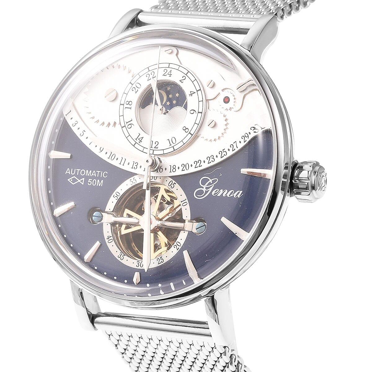 Genoa Automatic Mechanical Movement Watch in Silvertone with Stainless Steel Mesh Strap & Back