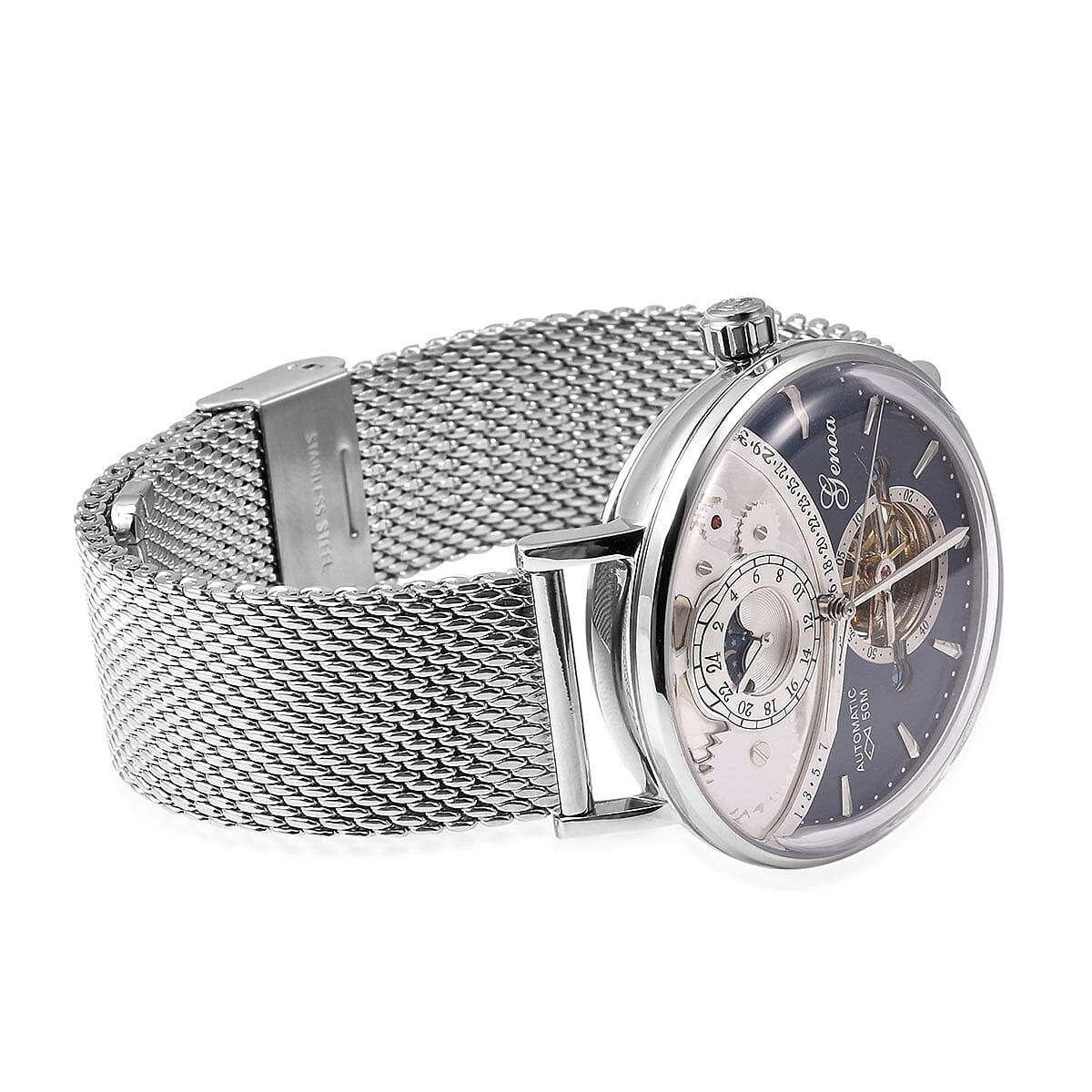 Genoa Automatic Mechanical Movement Watch in Silvertone with Stainless Steel Mesh Strap & Back