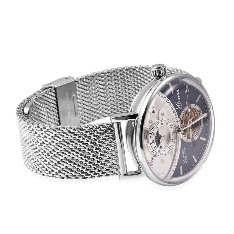 Genoa Automatic Mechanical Movement Watch in Silvertone with Stainless Steel Mesh Strap & Back