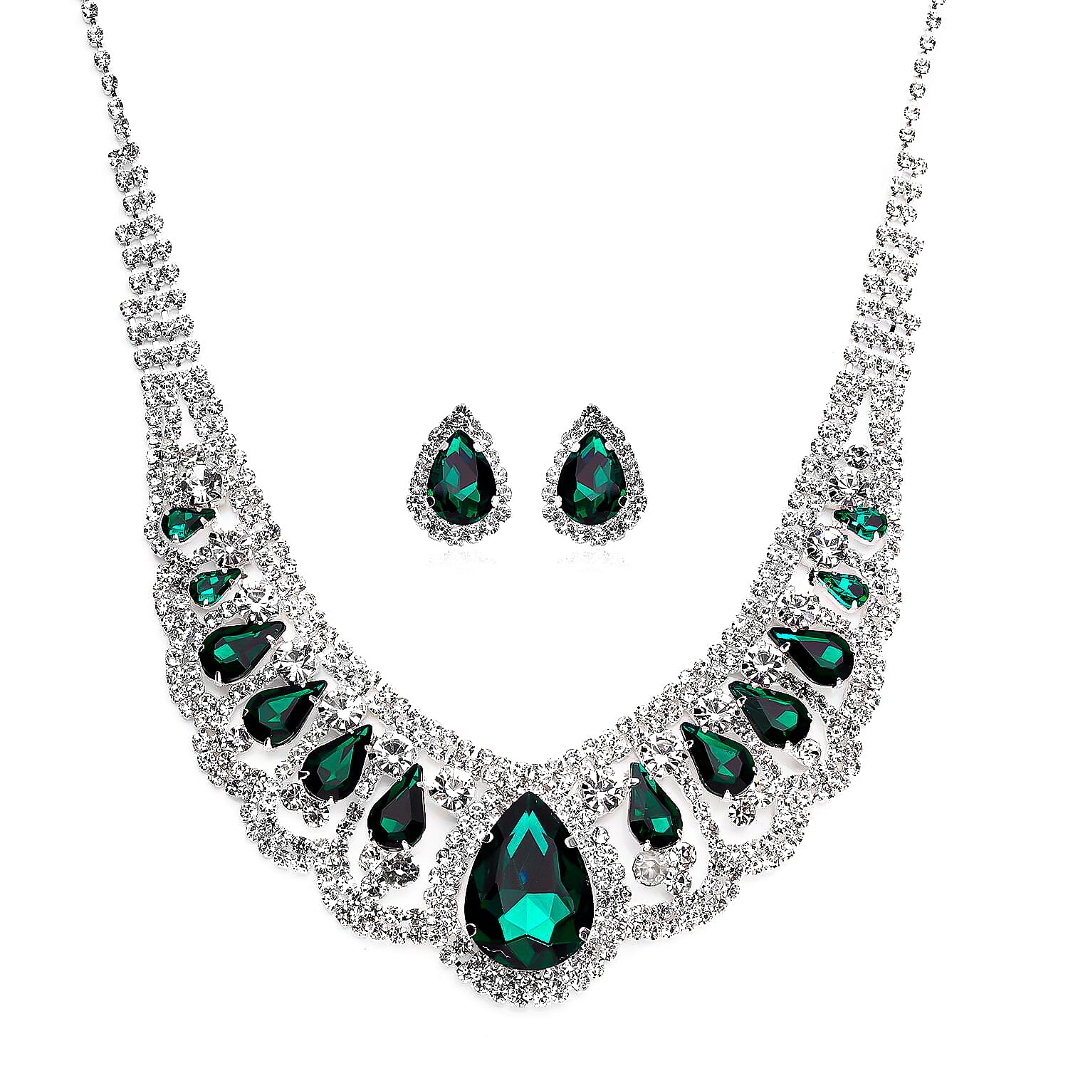 Simulated Green Sapphire and Austrian Crystal Earrings and Necklace 22 Inches in Silvertone