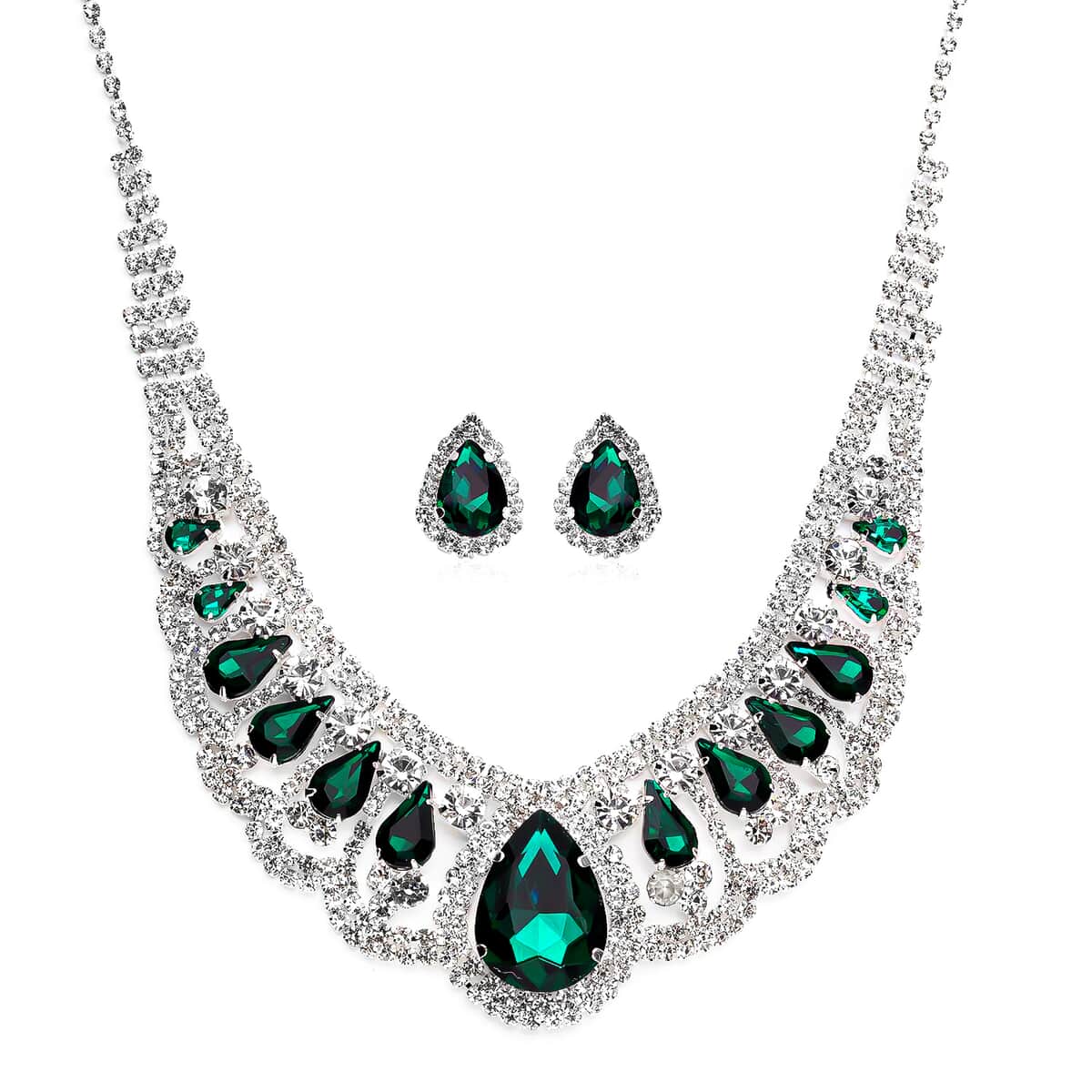 Simulated Green Sapphire and Austrian Crystal Earrings and Necklace 22 Inches in Silvertone image number 0